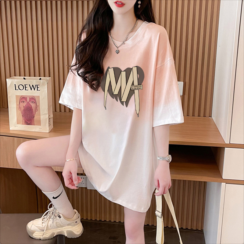 First release of pure cotton 2024 short sleeved for women's summer loose mid to long style gradient Korean version T-shirt