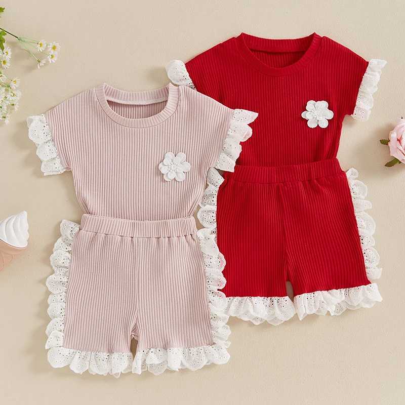 Clothing Sets 2024-04-23 Lioraitiin Kids Girls Shorts Set Short Sleeve Crew Neck Flower T-shirt with Shorts Patchwork Summer Outfit