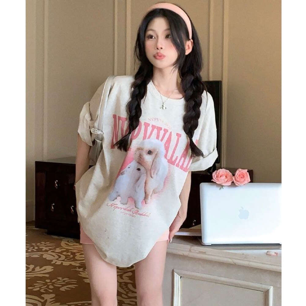 Tiktok Quality Back Bound Cotton Short Sleeve T-shirt Women's 2024 Summer Large Loose Top Print