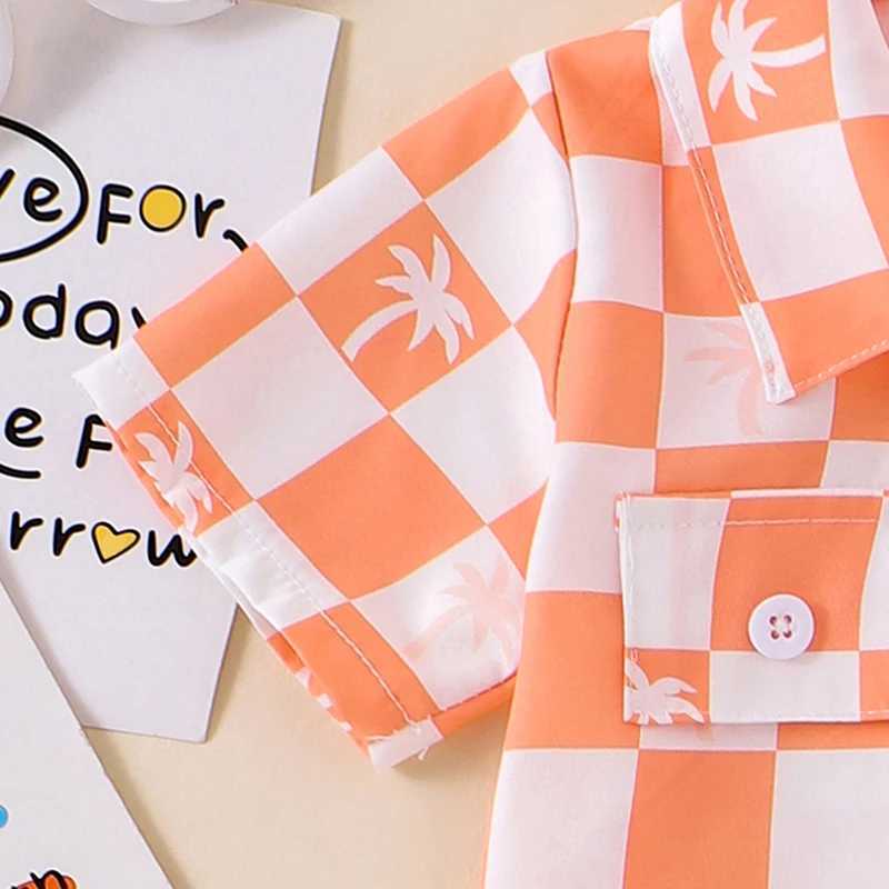 Clothing Sets 2024-05-20 Lioraitiin Kid Girl Boy Summer Outfits Checkerboard Print Short Sleeve Lapel Button Down T-Shirt Elastic Waist Shorts