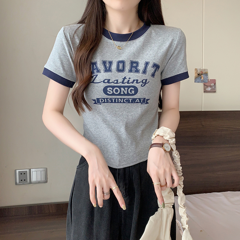 2024 Summer New Fat MM Large Women's Korean Edition Contrast Letter Printed Shoulder Short sleeved T-shirt
