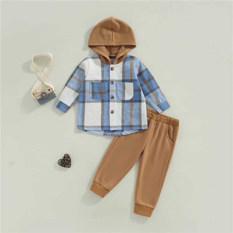 Clothing Sets Boys Autumn Clothes Set Plaid Print Long Sleeve Button Hood Shirt Jacktes + Solid Color Casual Trousers Kid Clothing Fall Outfit