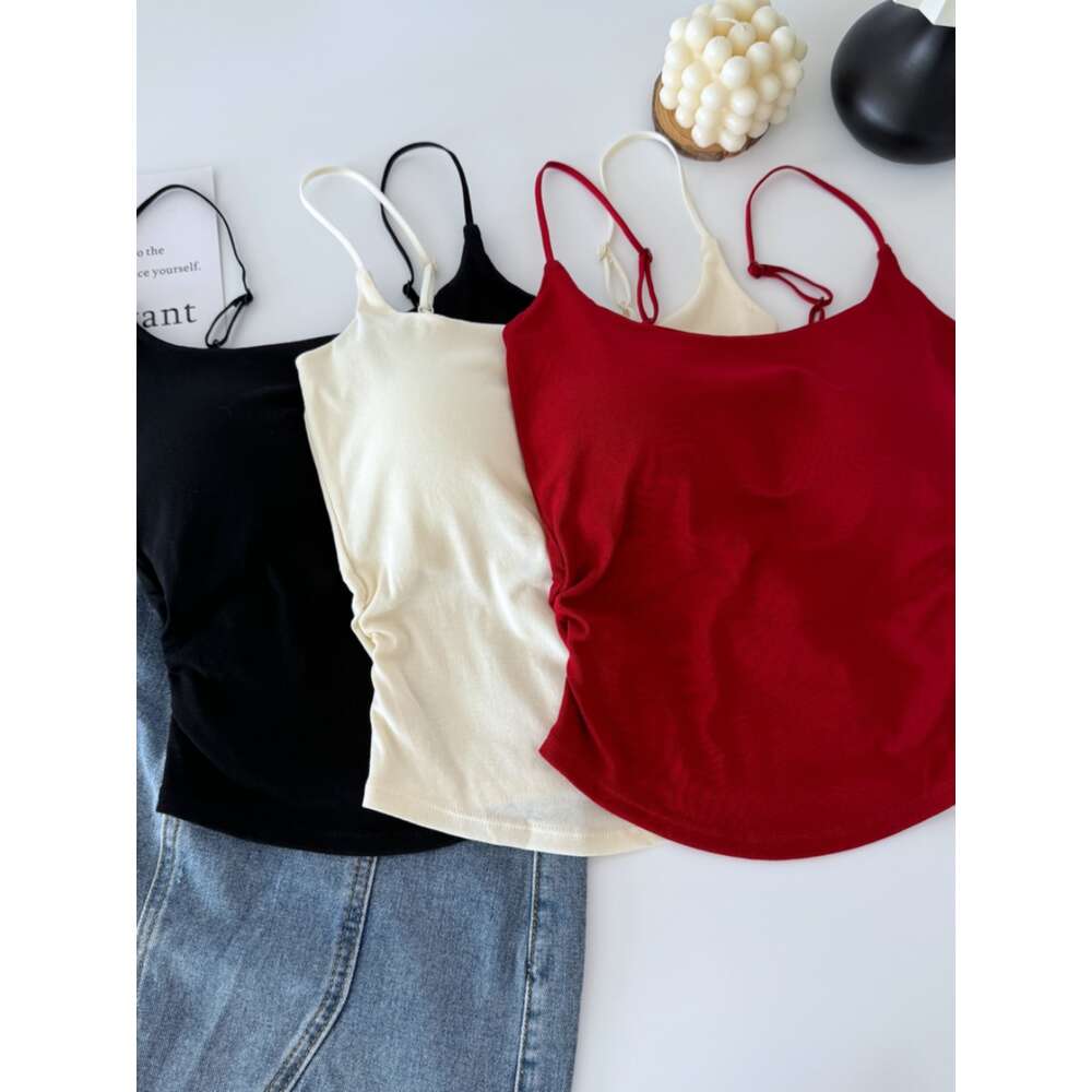New Pure Desire, Sweet Spicy Design, Pleated Suspended Tank Women's Chest Cushion, Inner and Outer Wear, Slim Fit, Beautiful Back Top, Summer