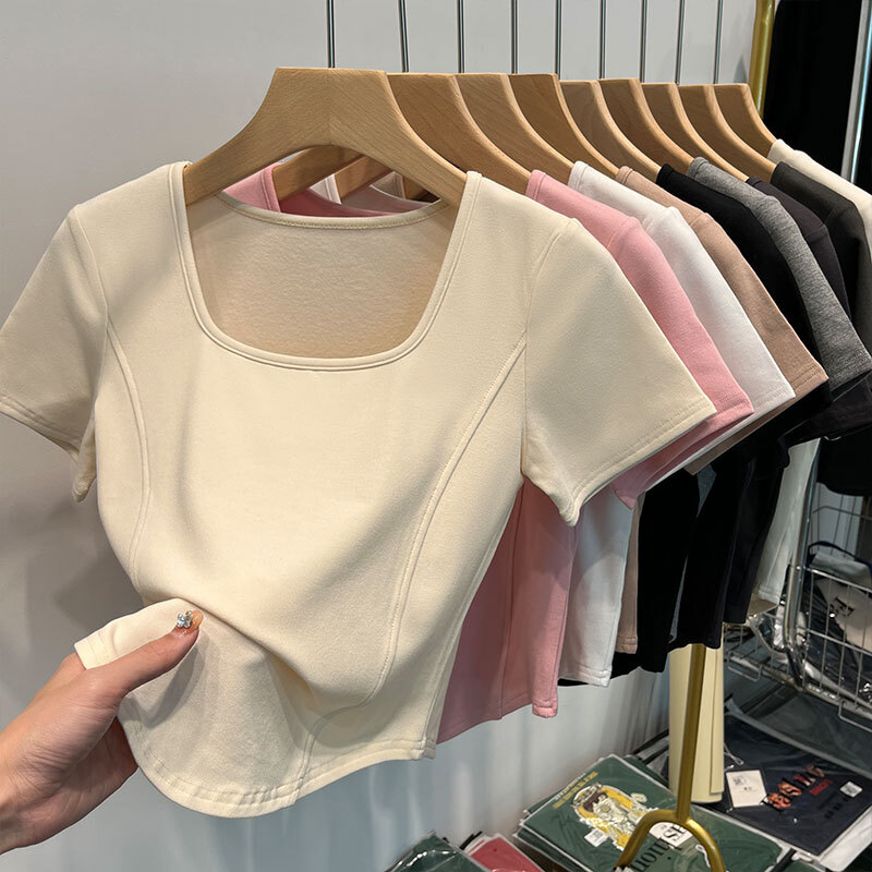 Square neck sleeved t-shirt for women in summer with a niche design, slim fit and pure desire, short fishbone top