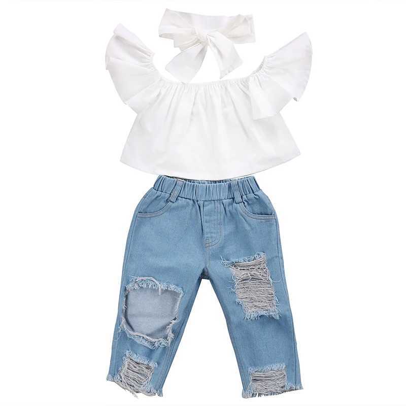 Clothing Sets US Stock Fashion Toddler Girls Kids 2-6 Years Clothes Set Off Shoulder Tops Denim Pants Jeans Outfits Set Clothes 1-6Y