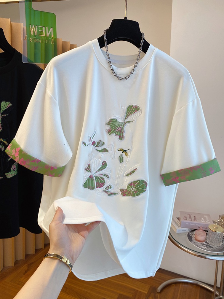 26 count pure cotton 300 jin lotus pond moonlight new Chinese style embroidered T-shirt women's short sleeved summer top