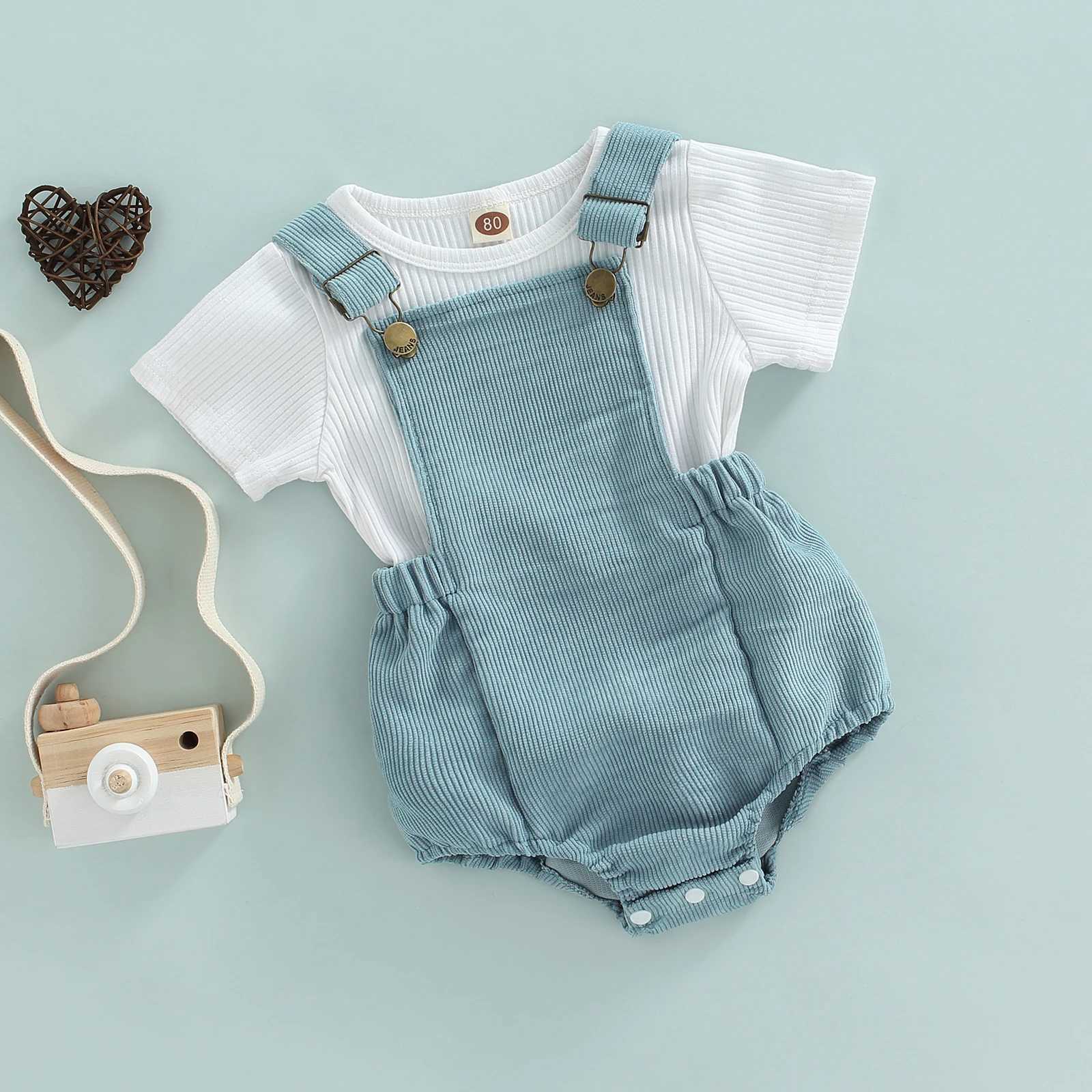 Clothing Sets Lioraitiin Baby Strappy Romper Suit Ribbed Round Neck Short Sleeve T-Shirt Tops + Adjustable Straps Romper Two Piece Set