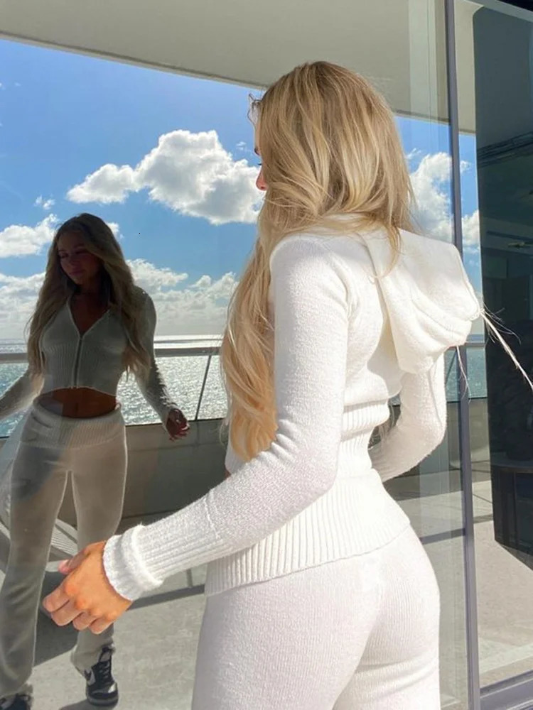 Womens Long Sleeve Zipper Hoodie High Waist Flare Pants Knitted Casual Suit Spring Outfits 2Piece Set Tracksuit 240712