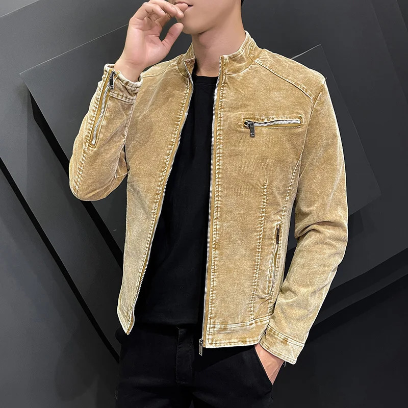Spring and Autumn Fashion Jean Jackets for Men Stand Collar Zipper Denim Coats Men Retro Simple Slim Casual Denim Jacke 240712