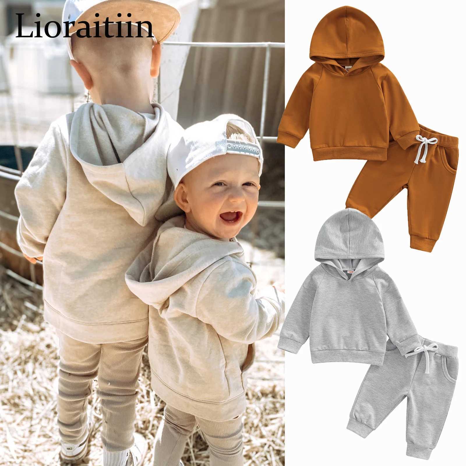Clothing Sets 2022-05-23 Lioraitiin 0-3Years Baby Girls Boys Sportswear Outfit Solid Pullover Hoodie Sweatshirt Tops Drstring Pant