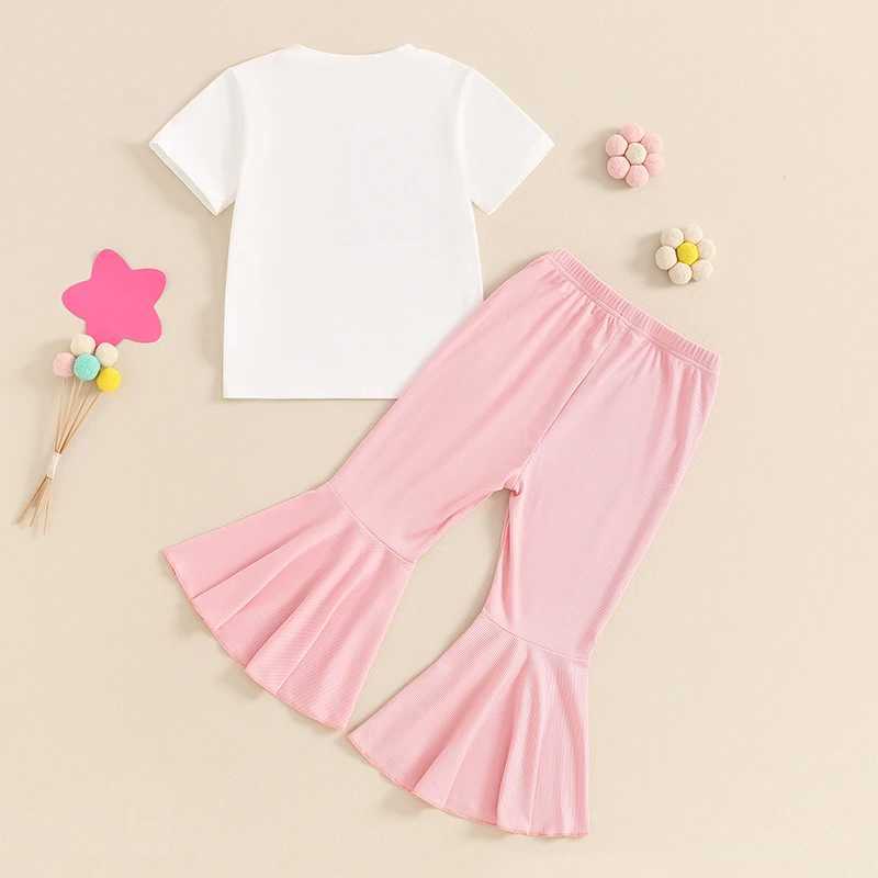 Clothing Sets 2024-04-03 Lioraitiin 3-6Y Toddler Baby Girl 2Pcs Summer Outfits Short Sleeve Letter Embroidery Tops + Flare Pants Set Clothes