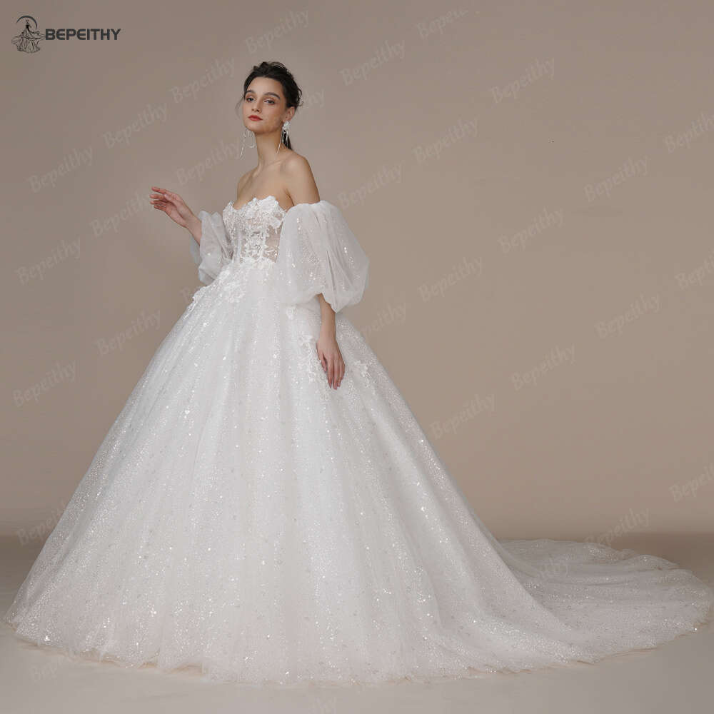 BEPEITHY Princess Strapless Ivory Glitter Wedding Dresses For Women Court Train Bride 3D wer Romantic Shinny Bridal Gown