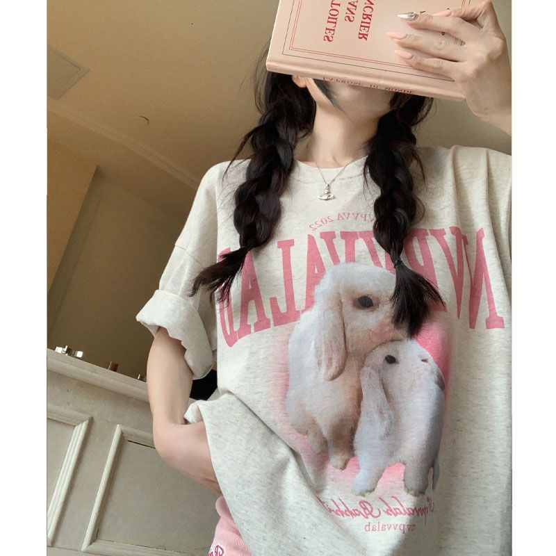 Tiktok Quality Back Bound Cotton Short Sleeve T-shirt Women's 2024 Summer Large Loose Top Print