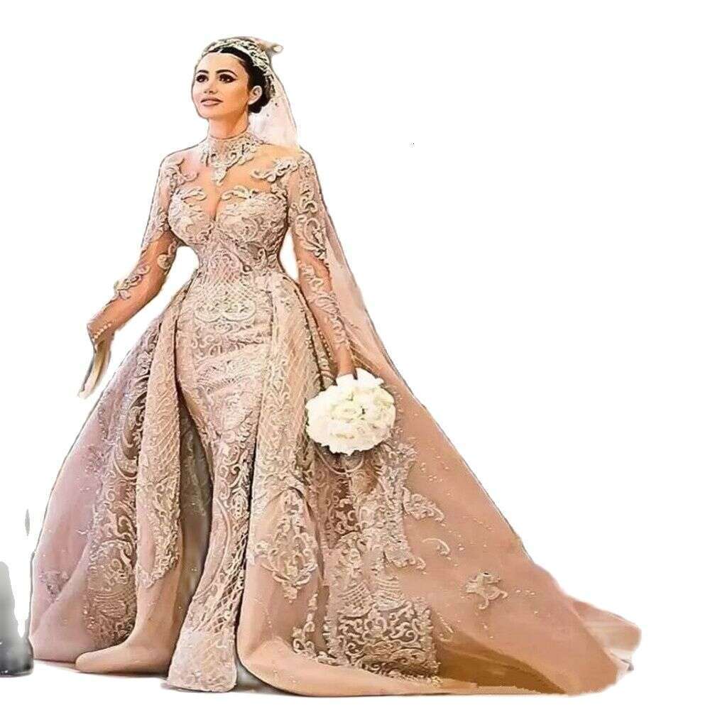 Arabic Dubai Gorgeous High Neck Long Sleeve special Dress 2022 Mermaid Lace Appliques Detachable Train Bridal Gowns vestido