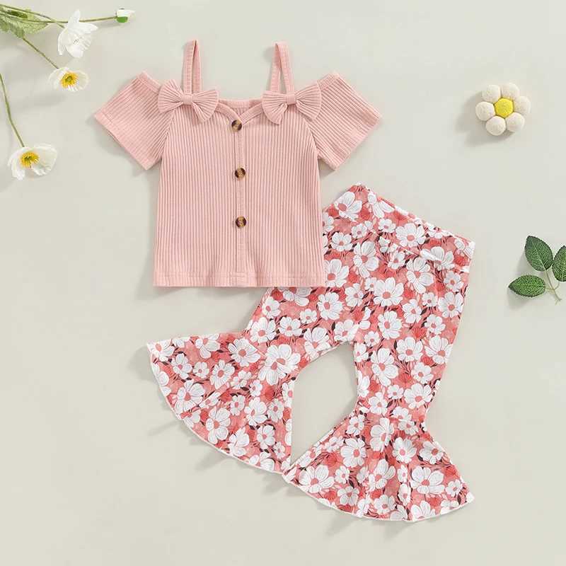 Clothing Sets 2024-05-05 Lioraitiin 1-5Y Kids Girls Pants Set Short Sleeve T-shirt with Flower Print Flare Pants Summer Outfit