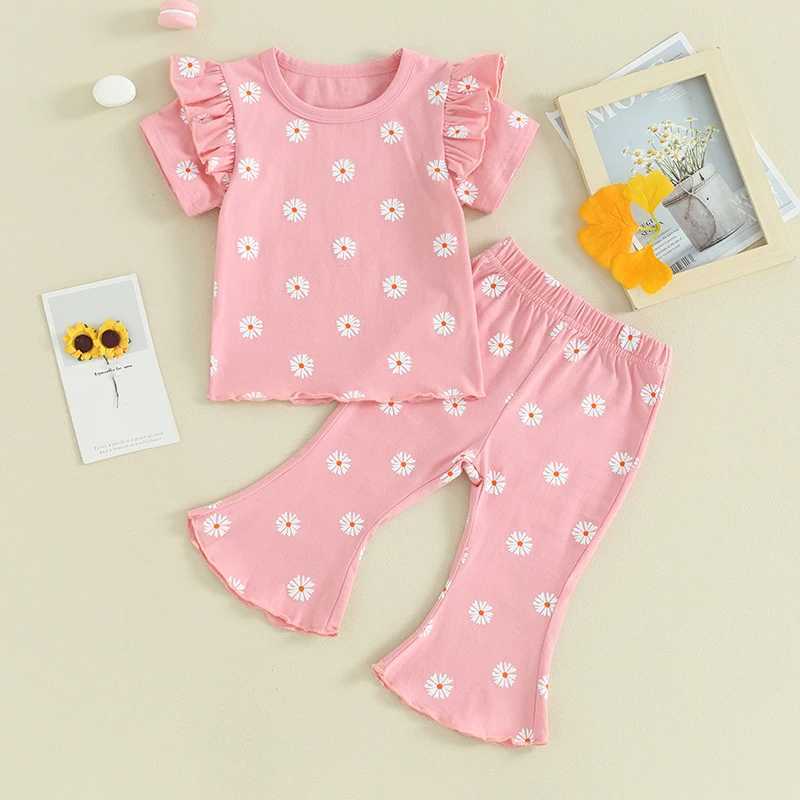 Clothing Sets 2024-01-23 Lioraitiin 1-5Y Toddler Baby Girl 2Pcs Summer Outfits Ruffle Short Sleeve Floral Print Tops + Pants Set Clothes