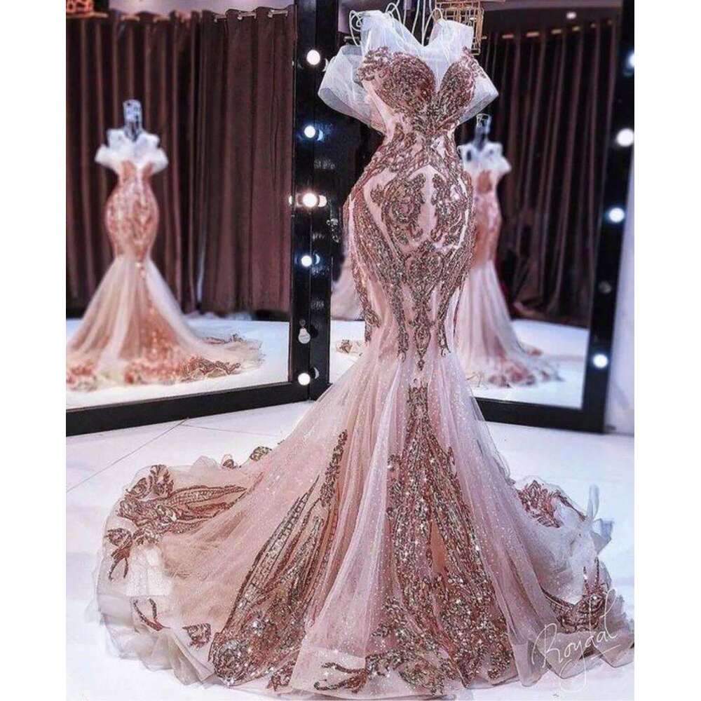 New rose gold mermaid evening dresses long sparkly sequin applique beaded fishtail prom gown