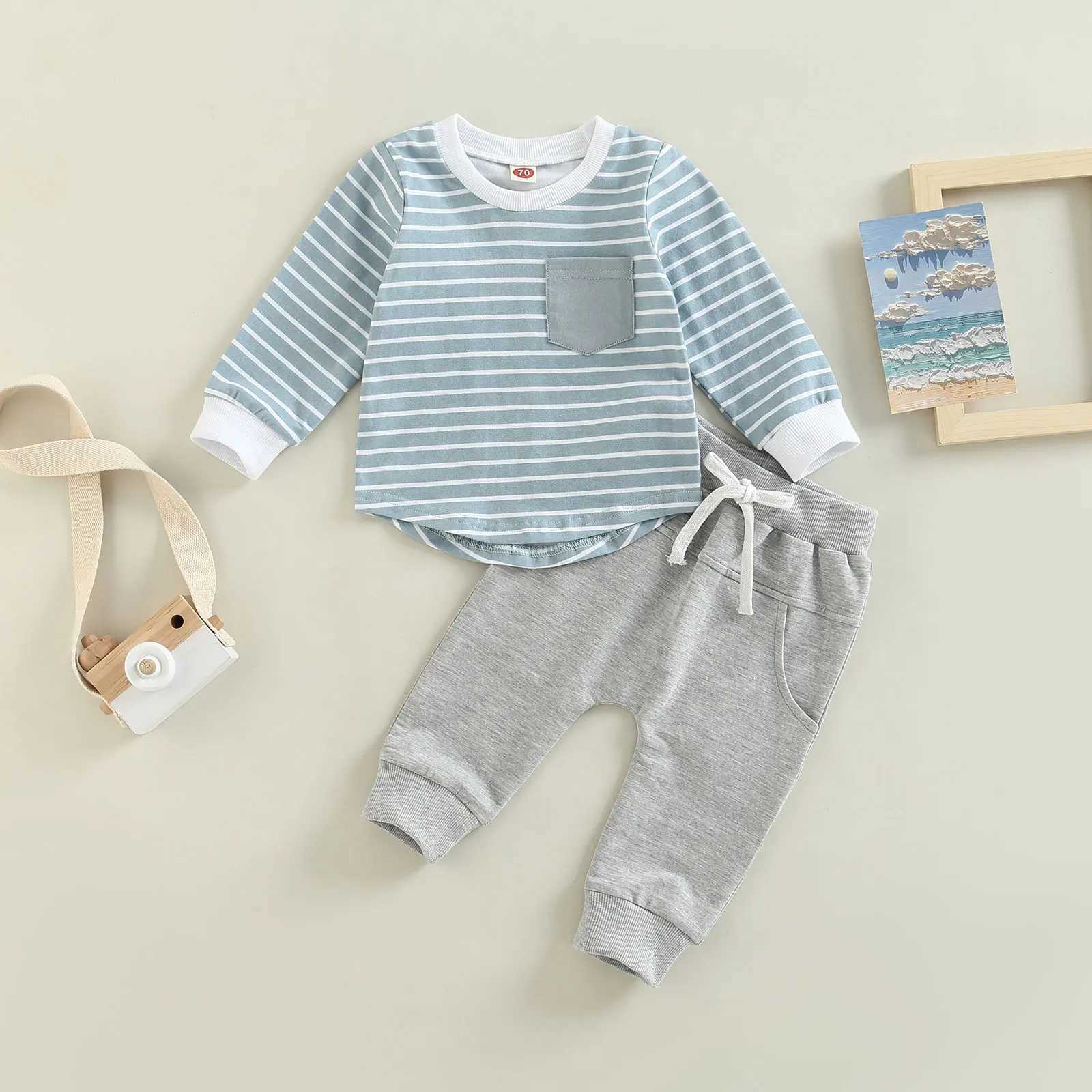 Clothing Sets 2022-09-01 Lioraitiin 0-3Years Toddler Boys Autumn Outfit Sets Long Sleeve Striped Tops + Solid Color Drstring Pants