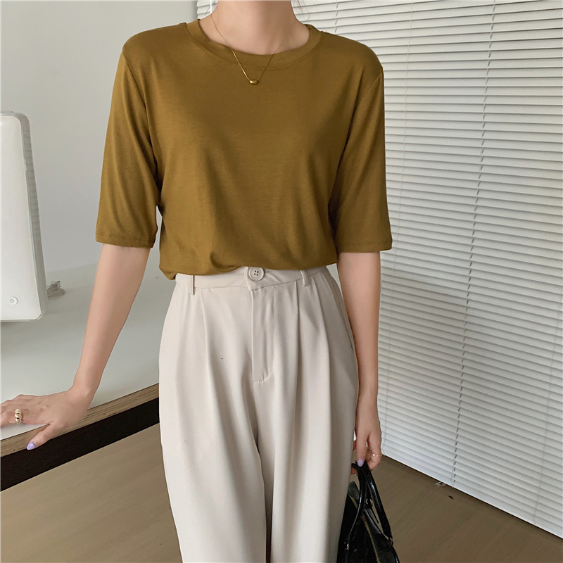 ~2024 Spring T-shirt Women's Round Neck Short 2022 New Thin Modal Medium Sleeve Base Shirt Slim Fit