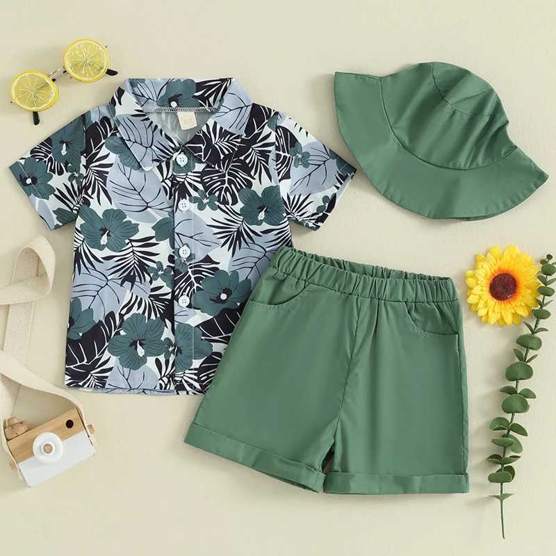 Clothing Sets 0-4Y Boys Clothing Sets Summer Short Sleeve Flower Print Tops + Shorts + Hat Kids Clothes Casual Clothing Sets for Children