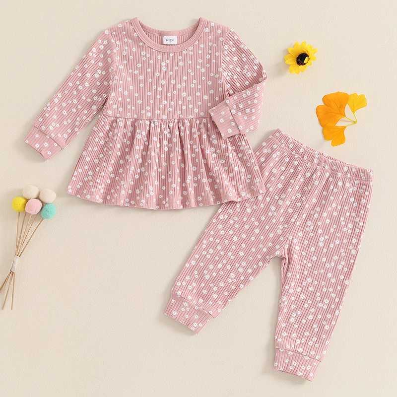Clothing Sets 2024-05-29 Lioraitiin 1-5Y Toddler Girl Fall Outfits Floral Print Crew Neck Long Sleeve Tops Elastic Waist Long Pants 2Pcs Set