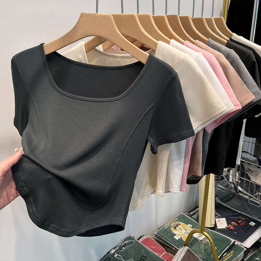 Square neck sleeved t-shirt for women in summer with a niche design, slim fit and pure desire, short fishbone top