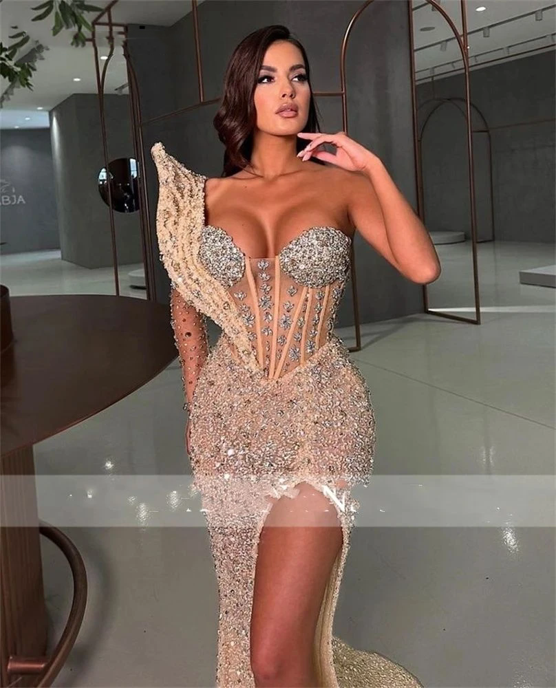 2025 Sparkly Champagne Sequin Mermaid Prom Dresses For Black Girls Applique Beading Evening Party Gown Robe De Soiree