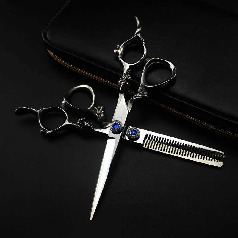 Professional Japan 440c 6 gem dragon hair cutting scissors haircut thinning barber haircutting shears Hairdresser scissorsCL240715 H260303