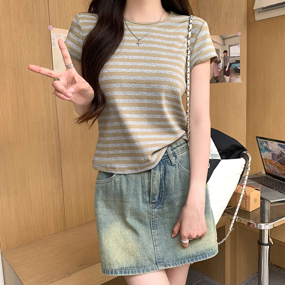 #Pink striped pure cotton shoulder sleeved t-shirt for women's summer small stature T-shirt short top