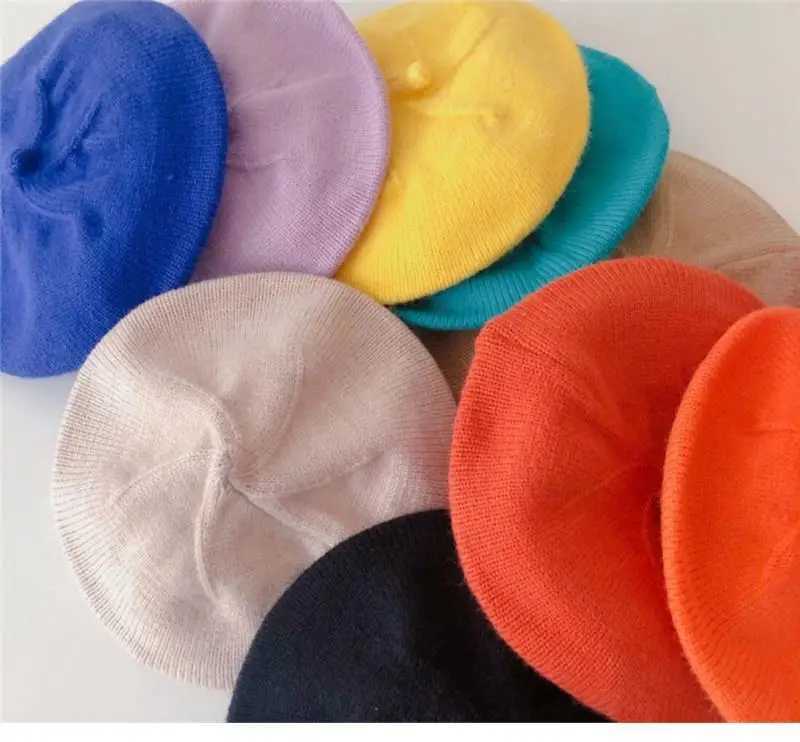 0-2Y Fashion Baby Knitted Beret Solid Color Childrens Warm Hat Autumn Winter Girls Paint Hat Childrens Hat AccessoriesW240715