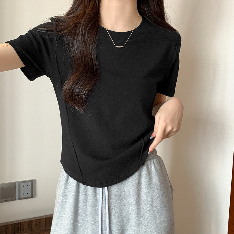 White short sleeved t-shirt for women 2023 spring and summer new round neck solid color versatile slim fishbone top