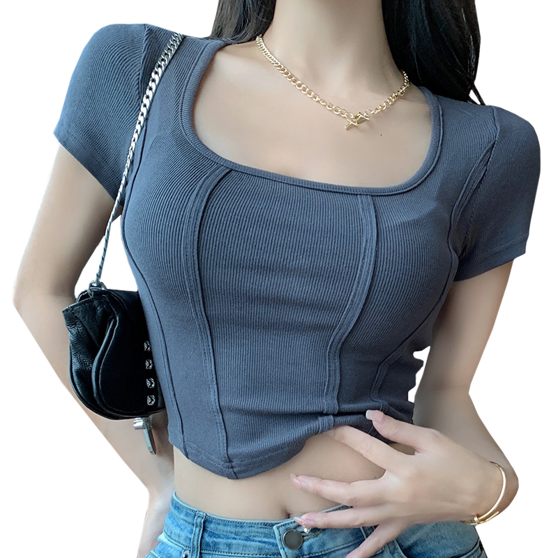 2024 Summer New Ins Trendy Slim fit Short sleeved T-shirt Look Thin and Generous Collar Fishbone Spicy Girl Top Female