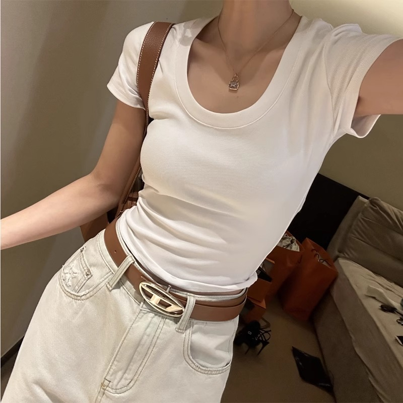 Hot girl U-neck shoulder sleeved for women in summer, desire to slim fit, high waist, slimming and cinching, pure cotton T-shirt short top