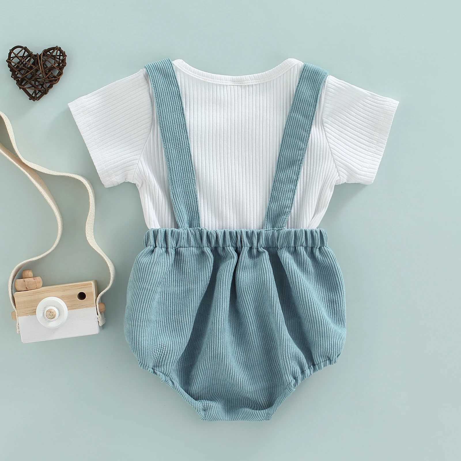 Clothing Sets Lioraitiin Baby Strappy Romper Suit Ribbed Round Neck Short Sleeve T-Shirt Tops + Adjustable Straps Romper Two Piece Set