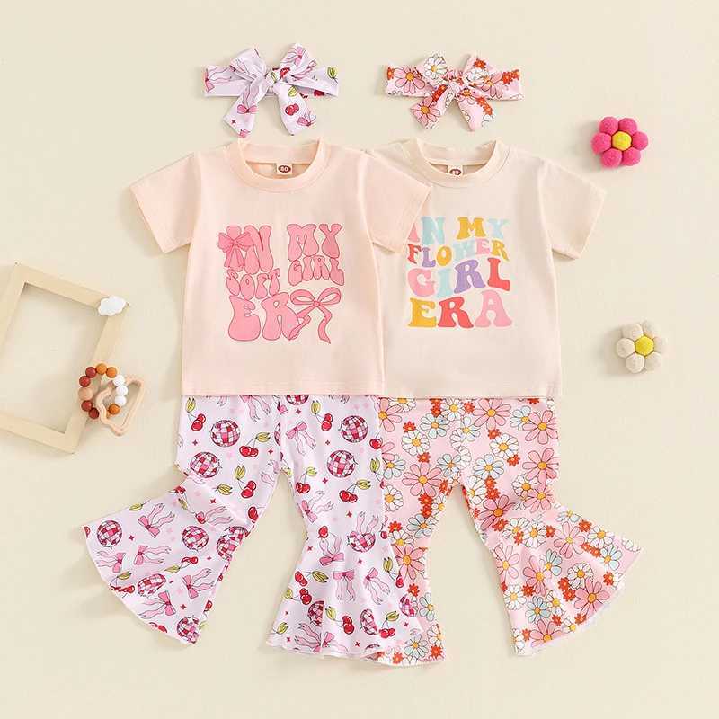 Clothing Sets 2024-04-22 Lioraitiin Kids Girls Summer Outfits Letter Print Short Sleeve T-Shirt and Floral/Bow Print Flare Pants Headbands Set ZTUF