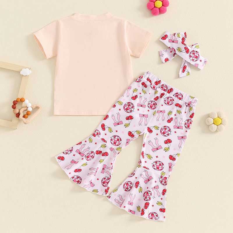 Clothing Sets 2024-04-22 Lioraitiin Kids Girls Summer Outfits Letter Print Short Sleeve T-Shirt and Floral/Bow Print Flare Pants Headbands Set ZTUF