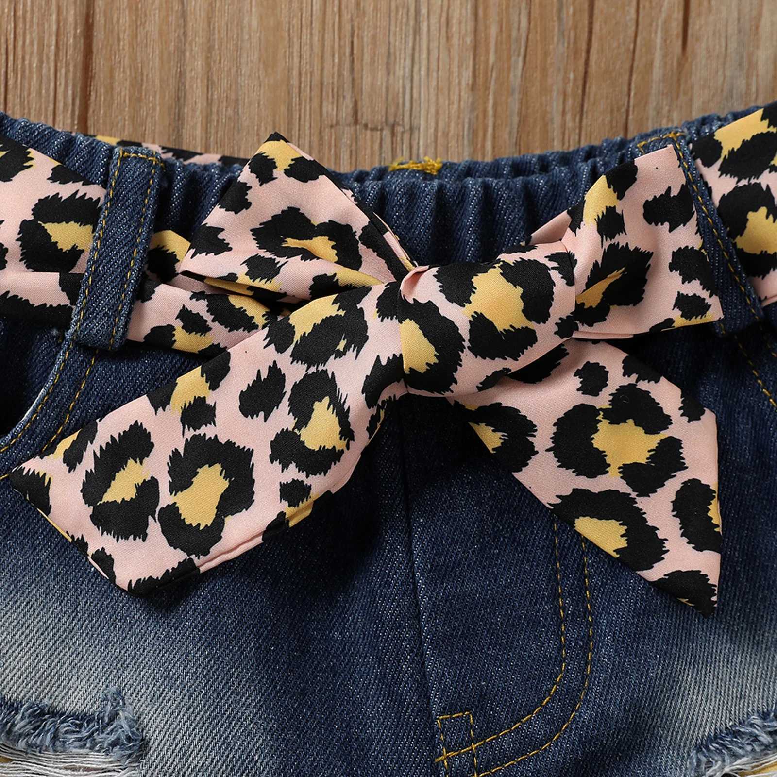 Clothing Sets 2022-02-12 Lioraitiin 0-5Years Toddler Little Girls 3PCS Suit Off-Shoulder Short Flared Sleeve Tops Leopard Belt Denim Pants