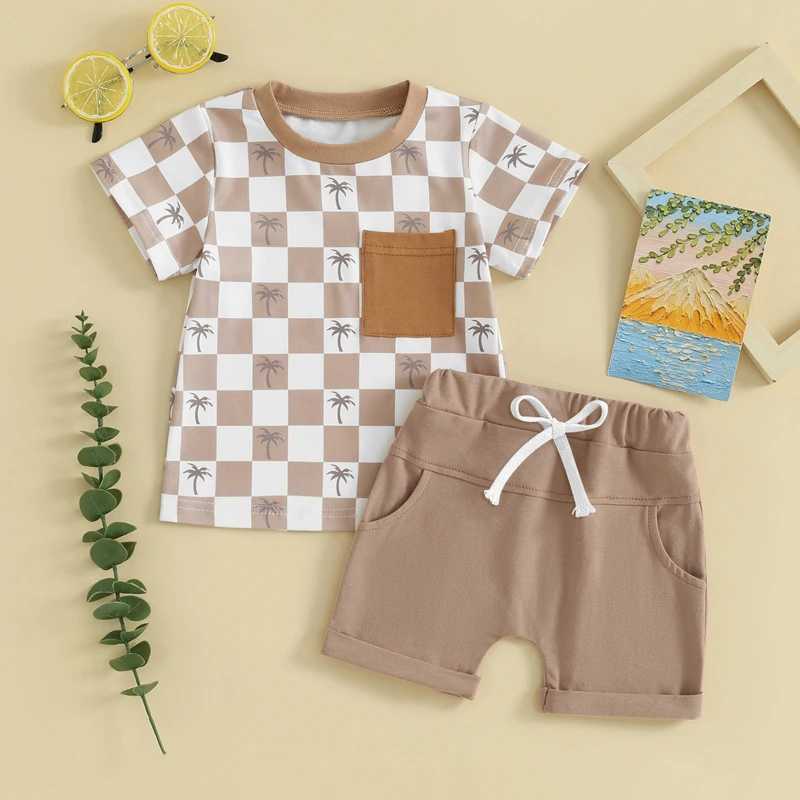 Clothing Sets Toddler Infant Baby Boys Summer Outfits Short Sleeve Plaid Tree Print T-shirt with Elastic Waist Shorts 2Pcs Clothes Set