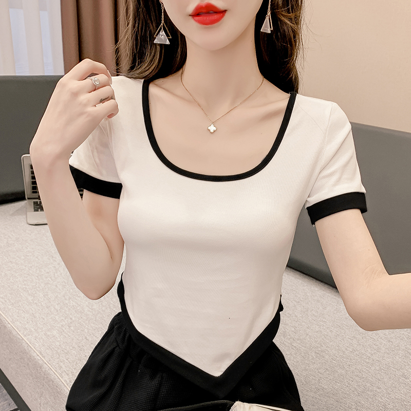 2024 summer T-shirt irregular sexy exposed belly button short sleeved slim fit top for women