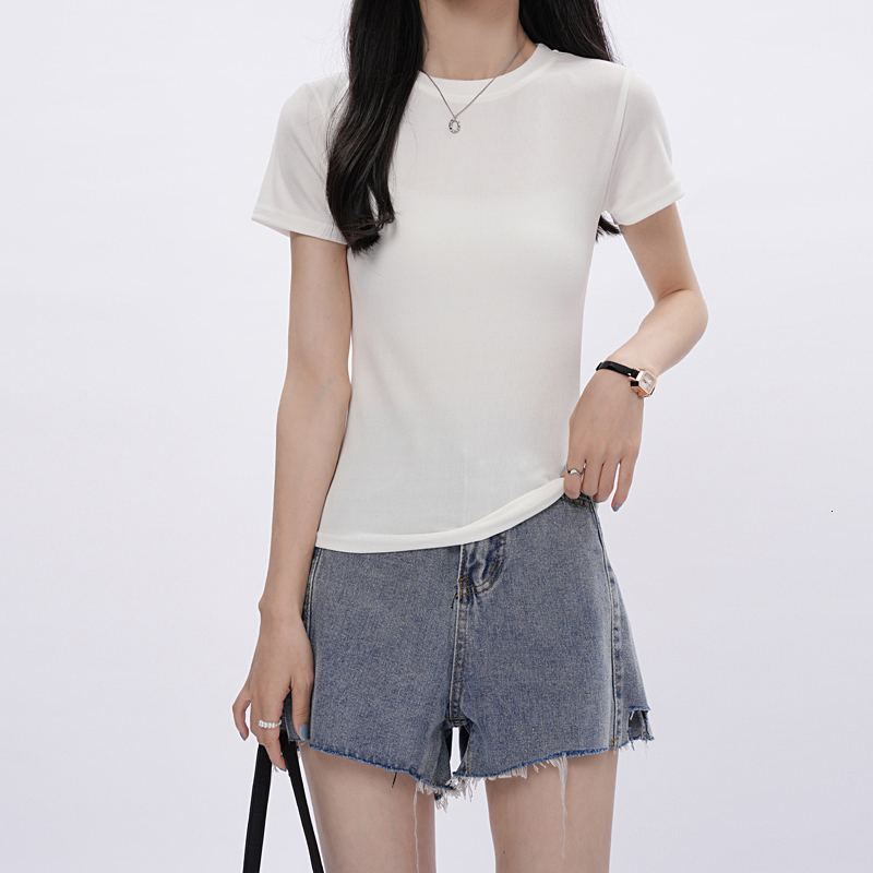 Black shoulder neck short sleeved T-shirt for women in summer, basic style, versatile round neck, slim fit and slimming, spicy girl top