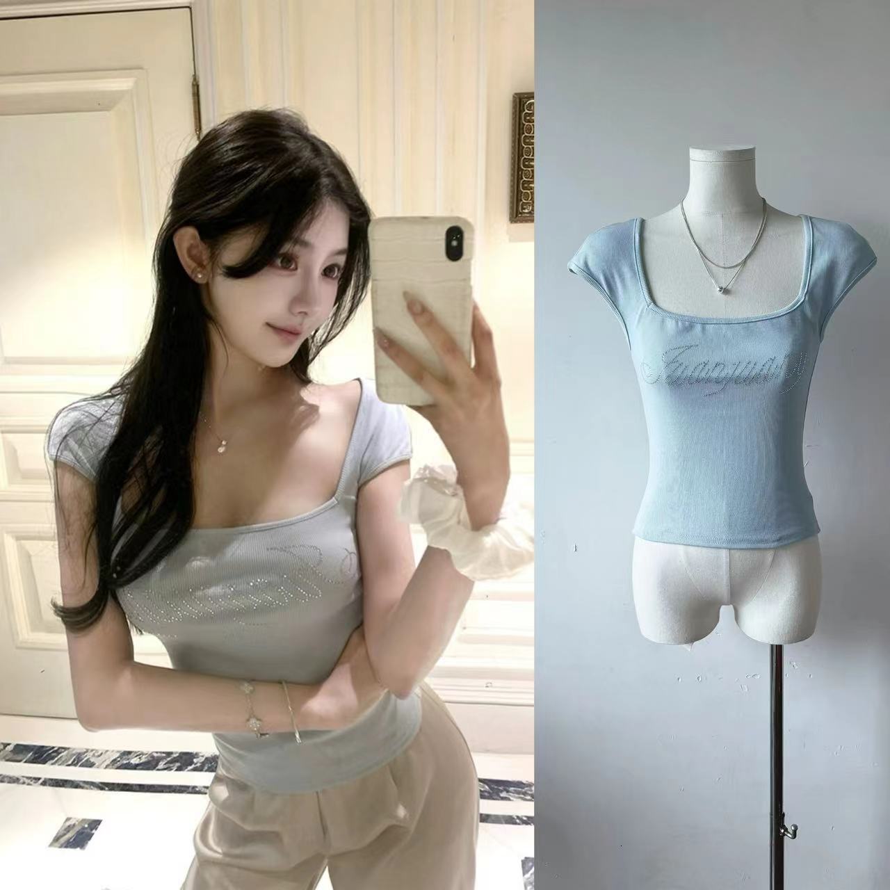 Han Yujia stamping diamond letter print square neck sleeved T-shirt for women's summer American hot girls, tight fitting and slimming short top