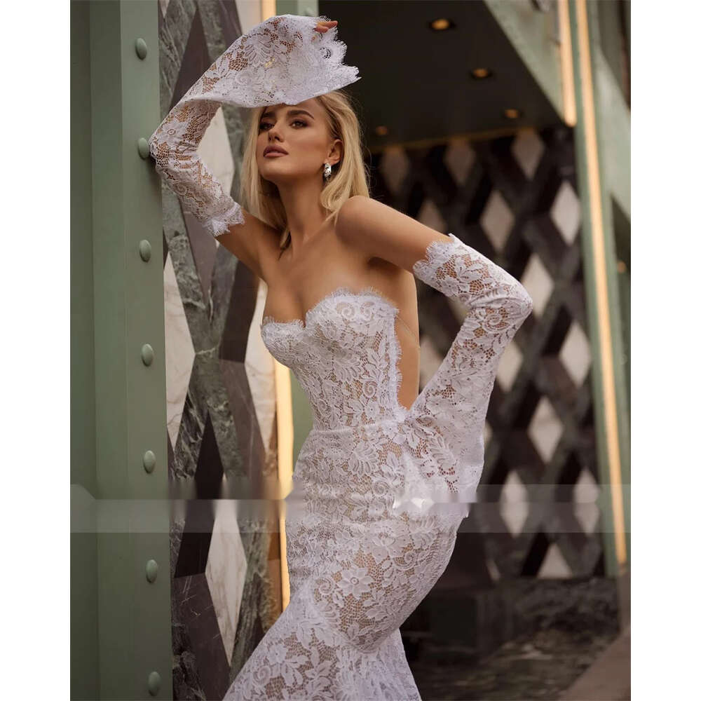 Flare Sweetheart Sleeves Mermaid Lace Weddding Dresses Backless See Through And Zipper Bridal Gowns