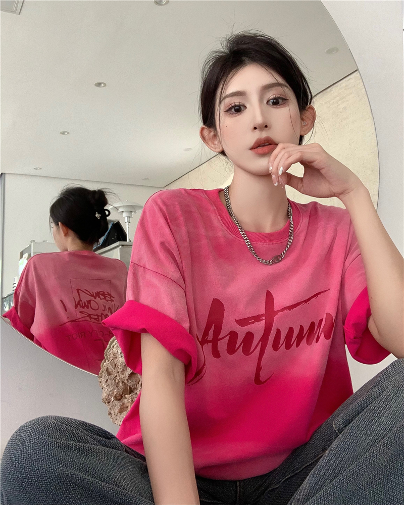 ~Dopamine gradient tie dye distressed loose and versatile short sleeved T-shirt for women's lazy style top