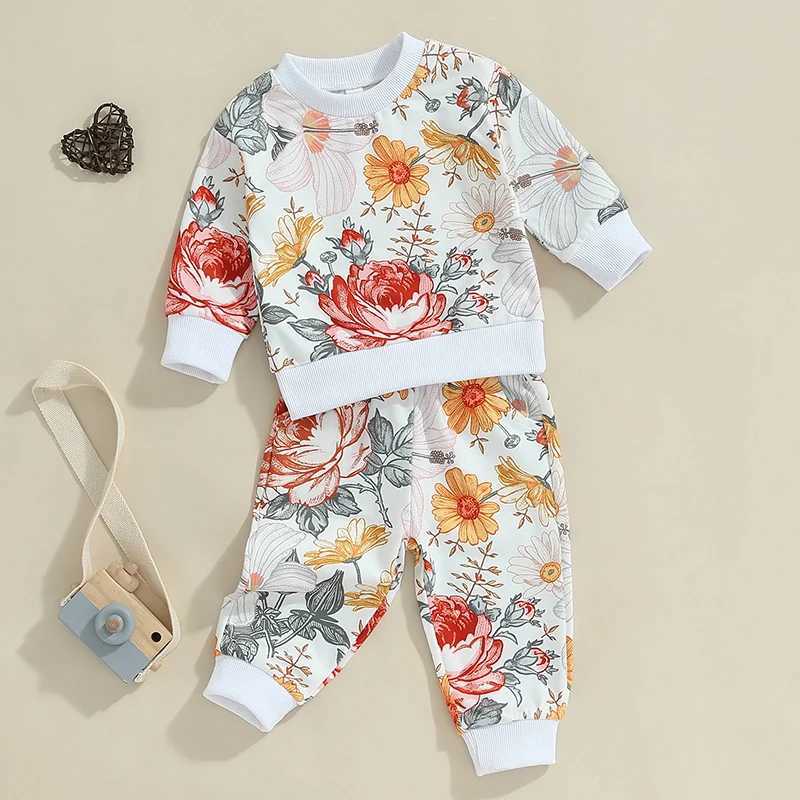 Clothing Sets 2024-05-23 Lioraitiin Toddler Girls Fall Outfits Floral Print Long Sleeve Sweatshirt and Elastic Sweatpants Set Baby Clothes