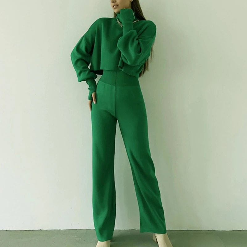 Womens Fall Solid Knitted 2 Pieces Set Long Sleeve Turtleneck Pullover Sweater Top and High Waist Pants Loose Outfits N7YD 240712