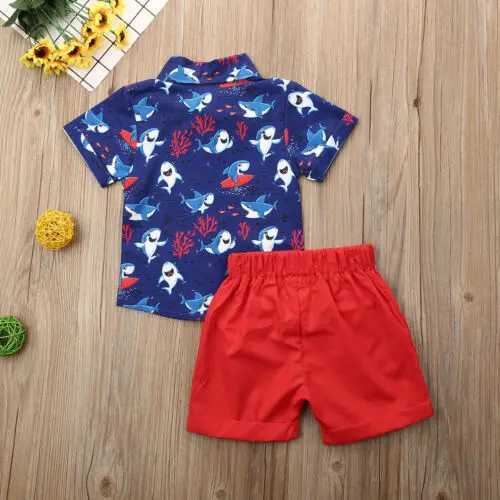 Clothing Sets 2019-09-26 Lioraitiin 0-5Years Toddler Baby Boys Summer Outfit Sets Short Sleeve Shark Print Button Down Shirt Top Red Shorts