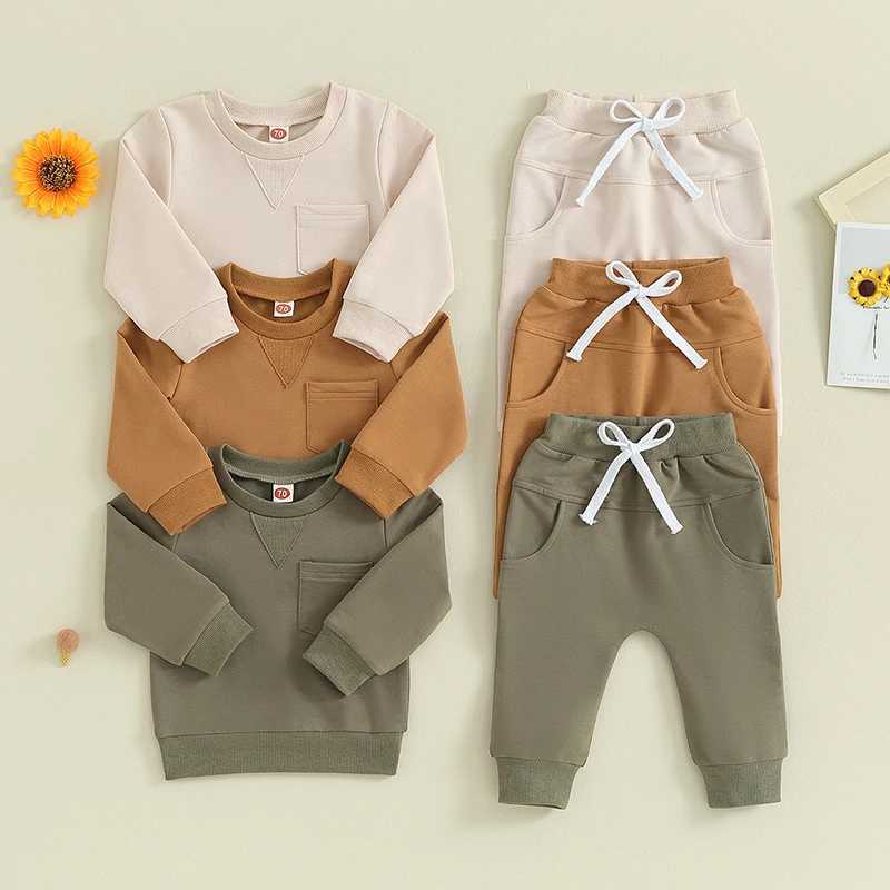 Clothing Sets 2023-10-11 Lioraitiin 0-18M Baby Boy 2Piece Outfits Solid Color Long Sleeve Sweatshirt +Pocket and Elastic Pants Toddler Clothes
