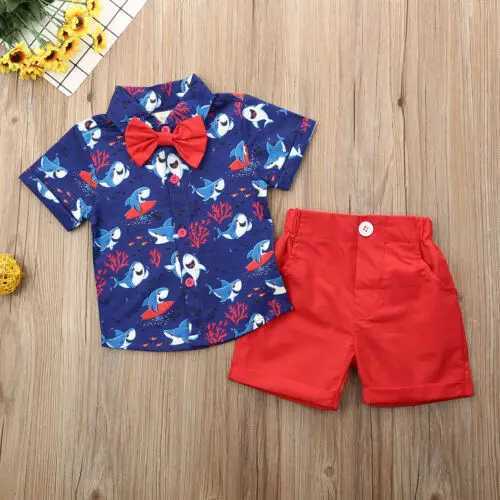 Clothing Sets 2019-09-26 Lioraitiin 0-5Years Toddler Baby Boys Summer Outfit Sets Short Sleeve Shark Print Button Down Shirt Top Red Shorts