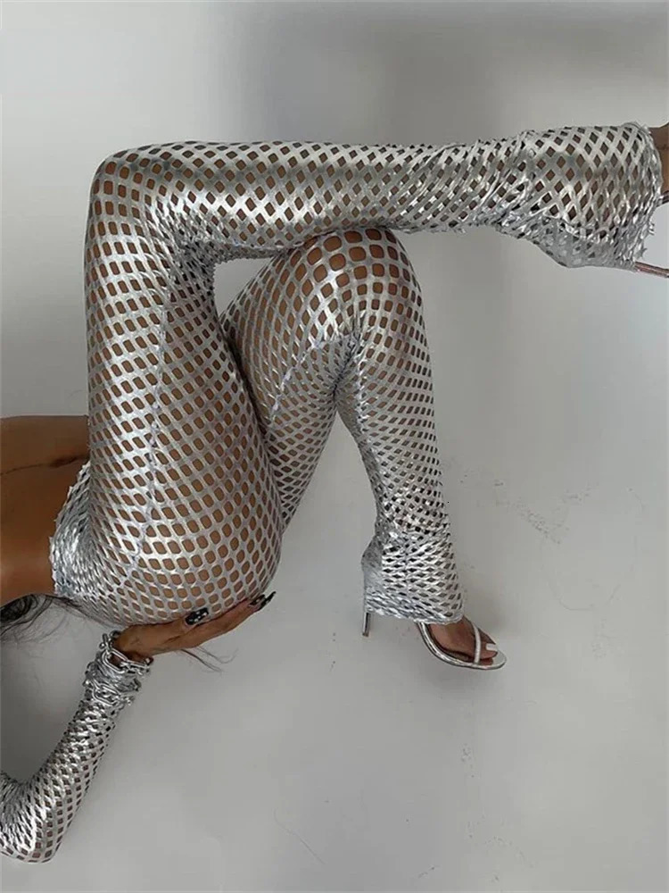 Women Sexy Hollow Out Hole Streetwear Tracksuit Simple Slim Stretch Silver Two Piece Set Female 240627