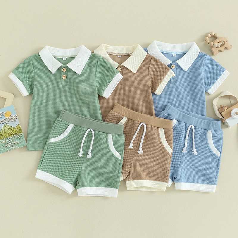 Clothing Sets Toddler Boys Summer Outfits Contrast Color Buttons Short Sleeve T-Shirts Waffle Tops Elastic Waist Shorts 2Pcs Clothes Set WRPM